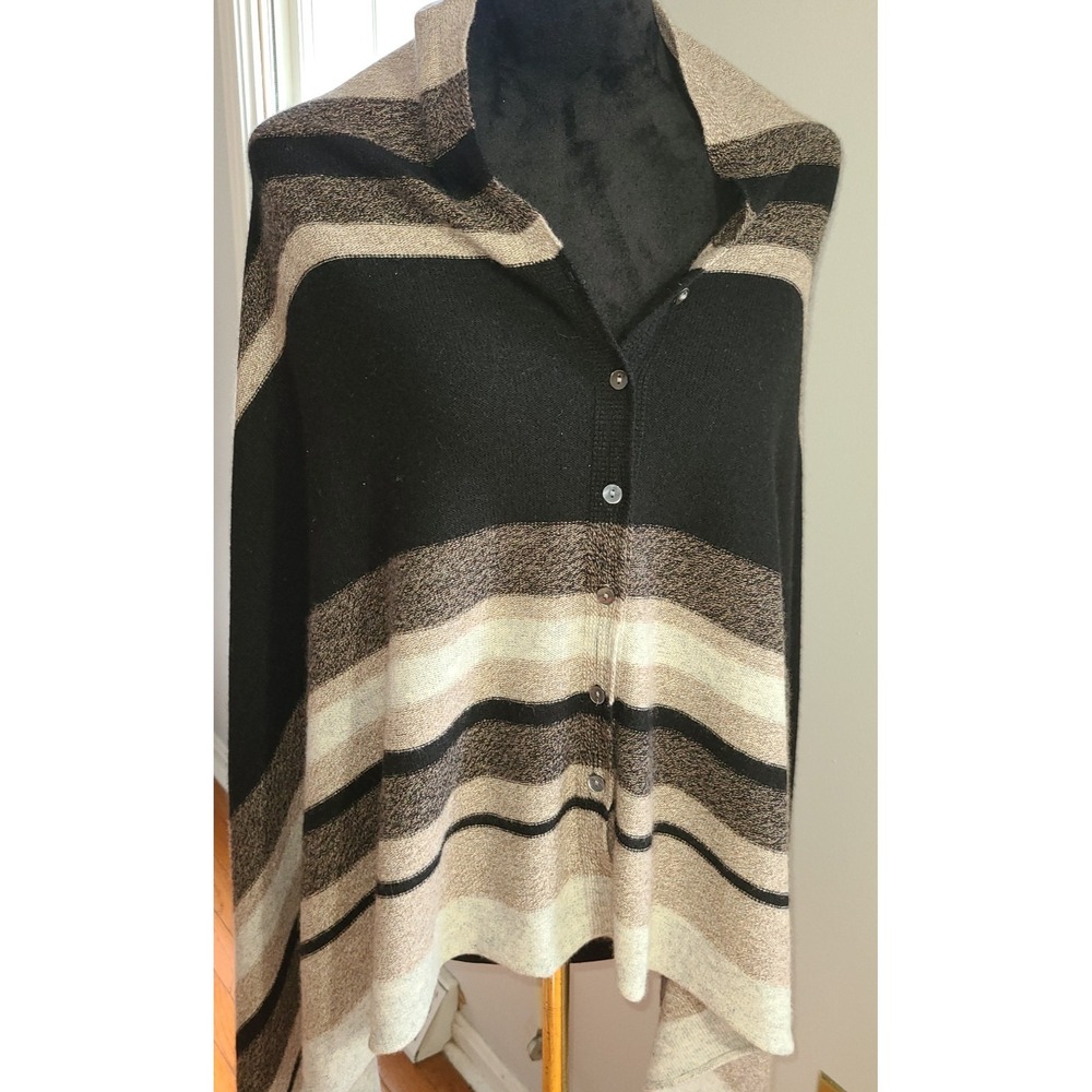 100% Cashmere NEUTRAL STRIPE BROWN BLACK PONCHO CAPE ONE SIZE O/S Button Front